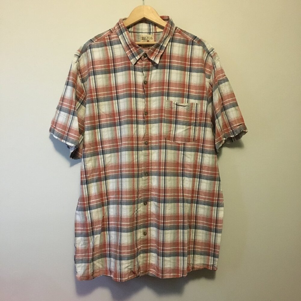 Red Head Plaid Button Down Shirt - Red, Blue Flannel Style Cotton Blend 3XL